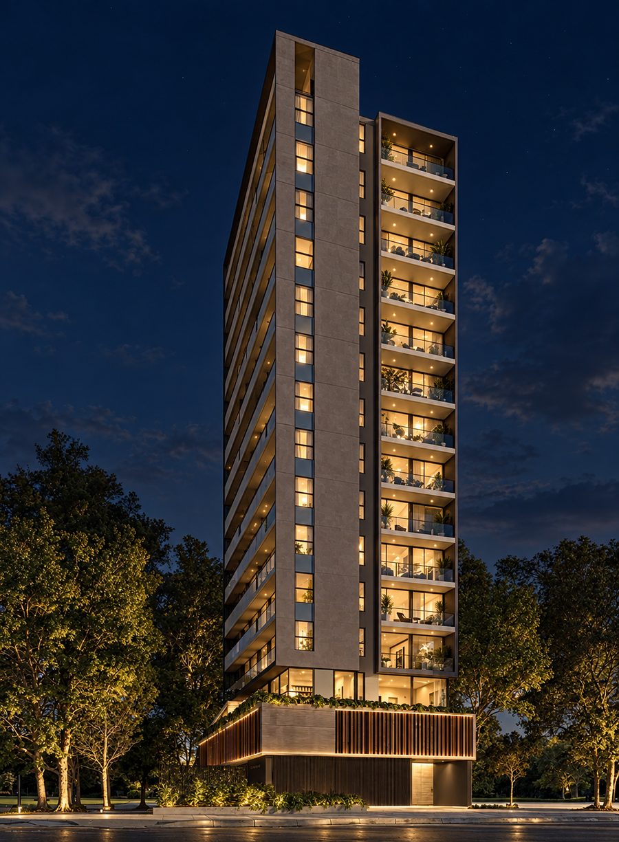 Fachada de Vivo San José iluminada de noche