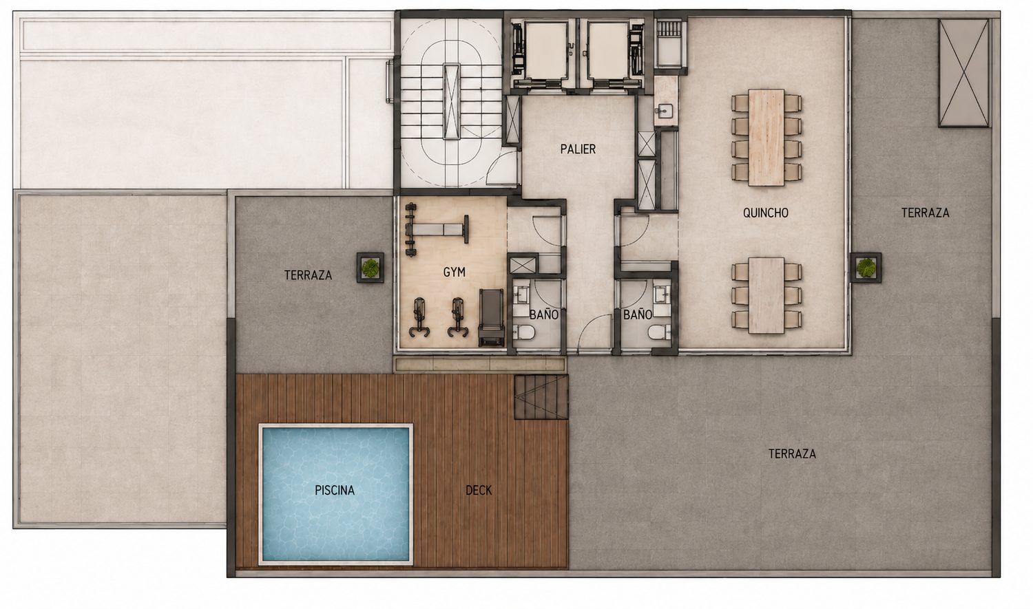 Planta de la azotea: piscina con deck, gimnasio, quincho y terrazas