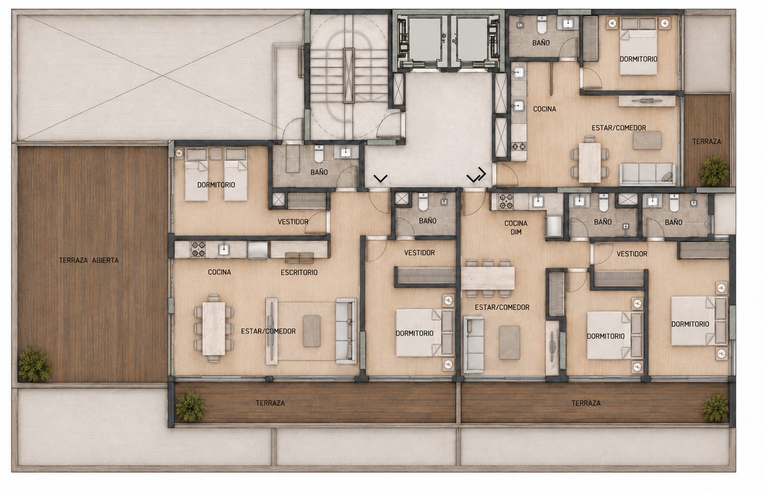 Planta del nivel 11, con tres unidades