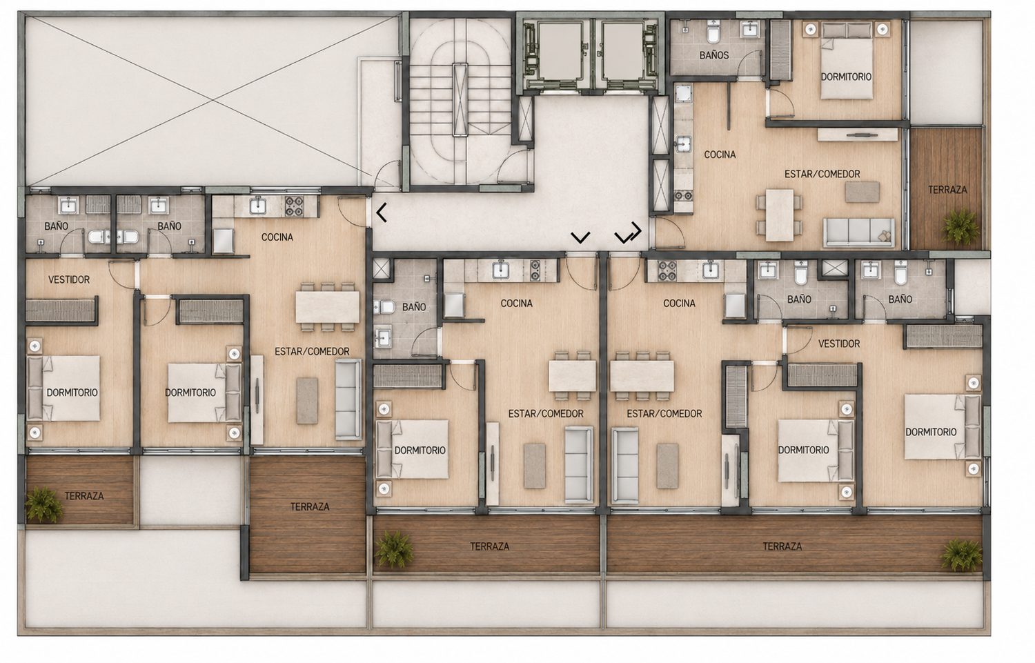 Planta tipo de los niveles 2 al 10, con cuatro unidades por piso