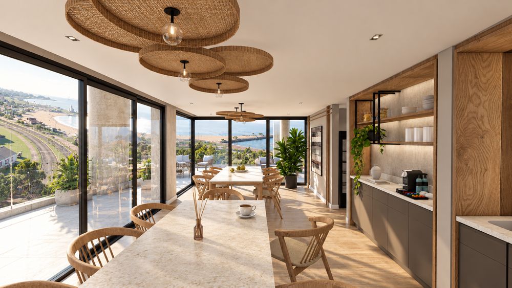 Quincho de la azotea con mesas de madera, cocina y vista a la costanera