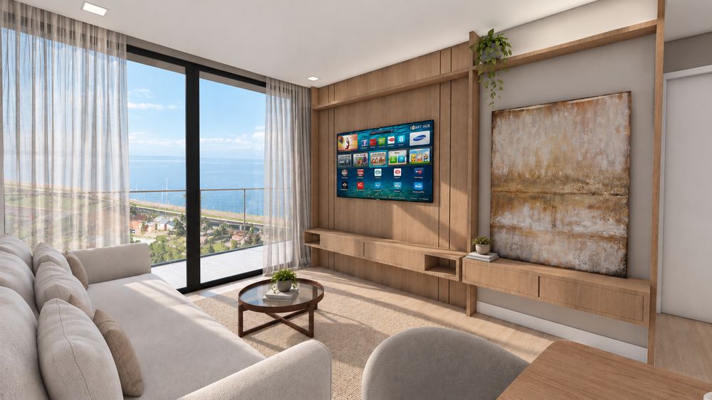 Estar del departamento modelo con mueble de madera y ventanal hacia el río Paraná
